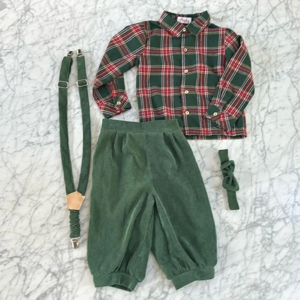 Boys Christmas Holiday Outfit 4-Piece Boys Plaid Shirt & Green Pants